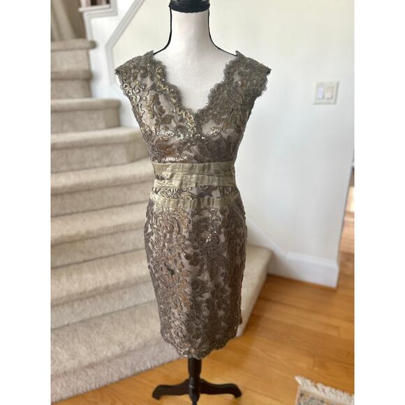 Tadashi Shoji Bronze Brown Sequin Lace V-Neck Sheath Dress - Picture 2 of 8